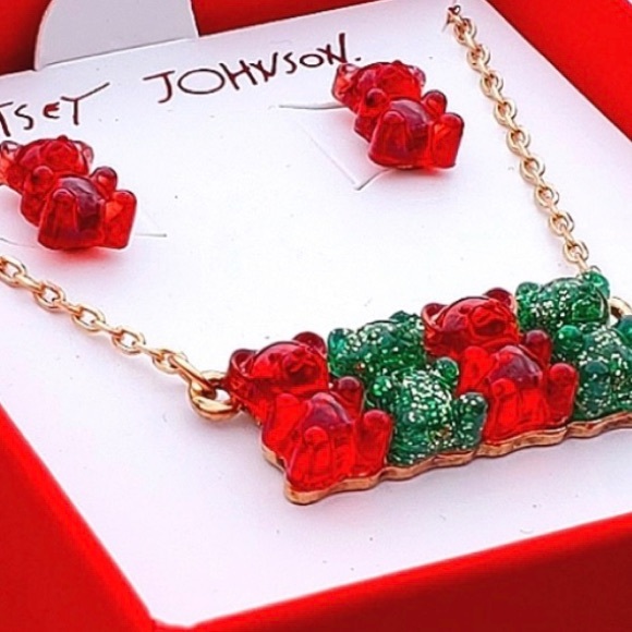 New Betsey Johnson Festive Gummy Bear Necklace & Stud Earrings Set - Picture 11 of 13